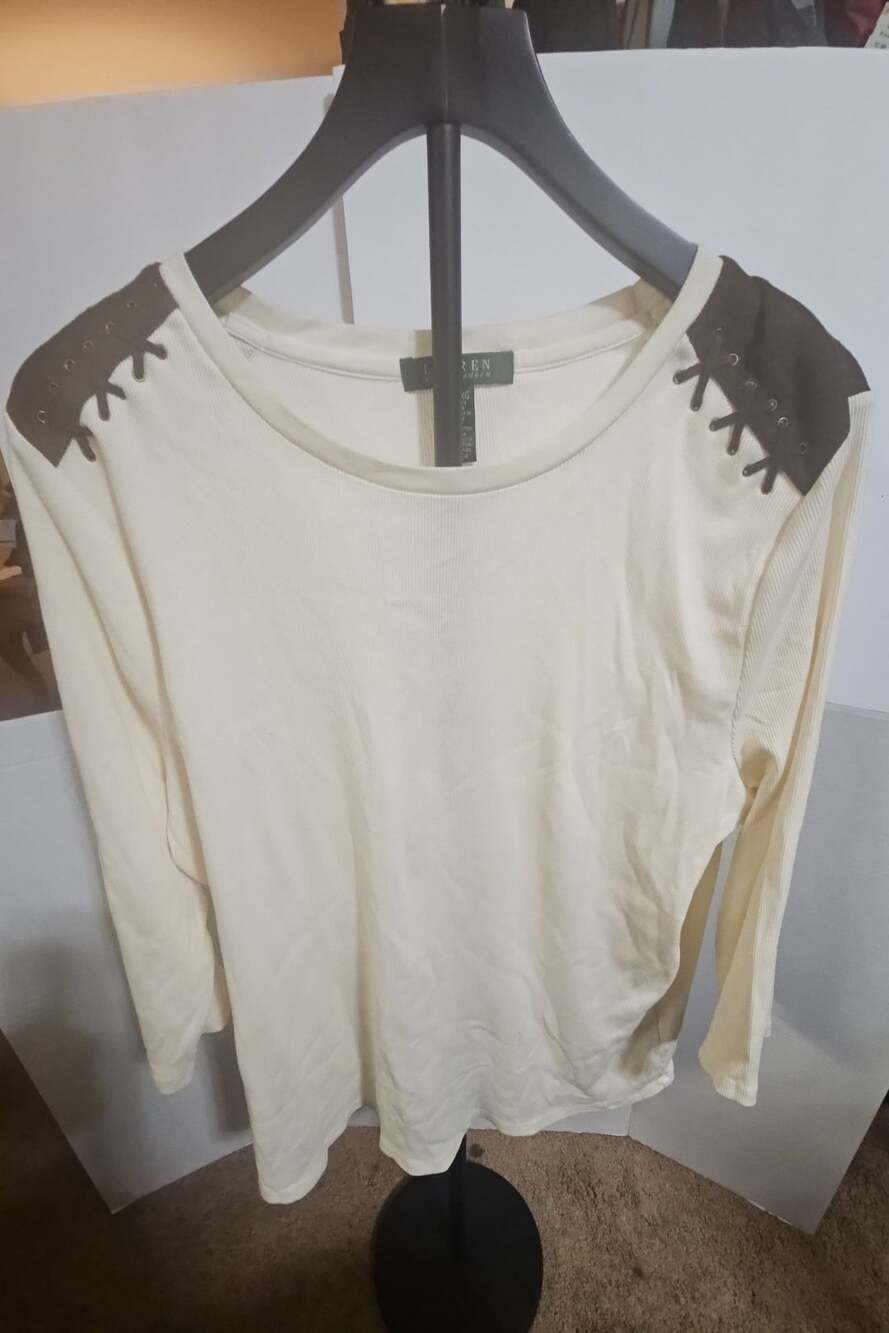 Lauren Ralph Lauren Long Sleeve Top Size 3X Cream Ribbed Lace-Up Shoulder